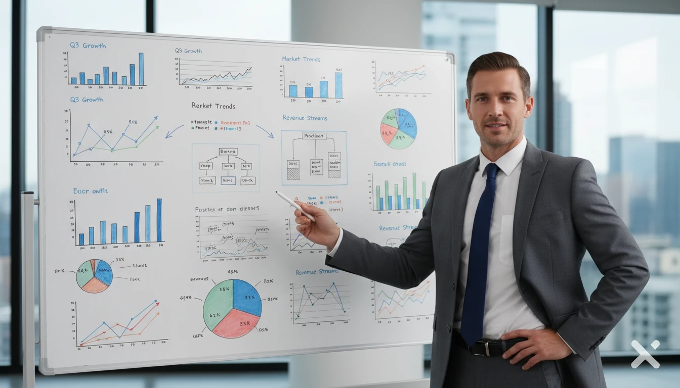 一位男子在白板上進行數據分析